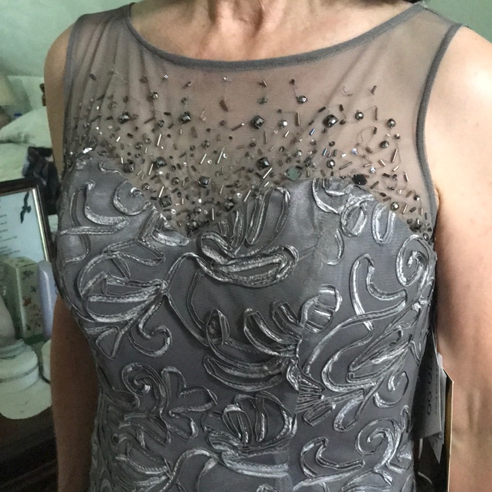 Pewter dress with beaded illusion neckline.